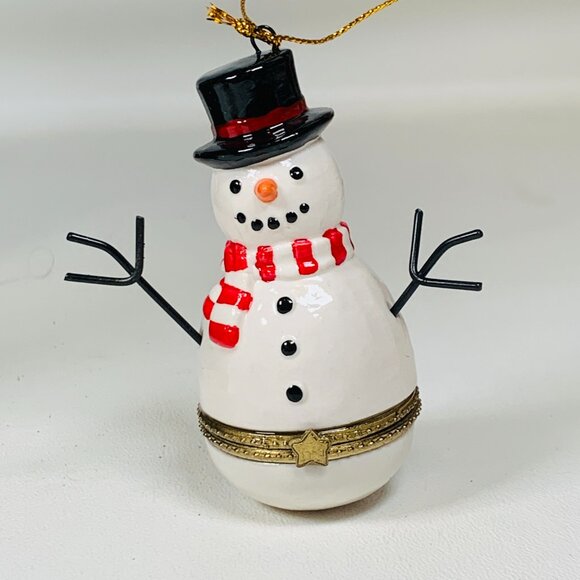 Snowman Stick Arms Porcelain Hinged Surprise Gift Trinket Box Christmas Ornament - Picture 3 of 4